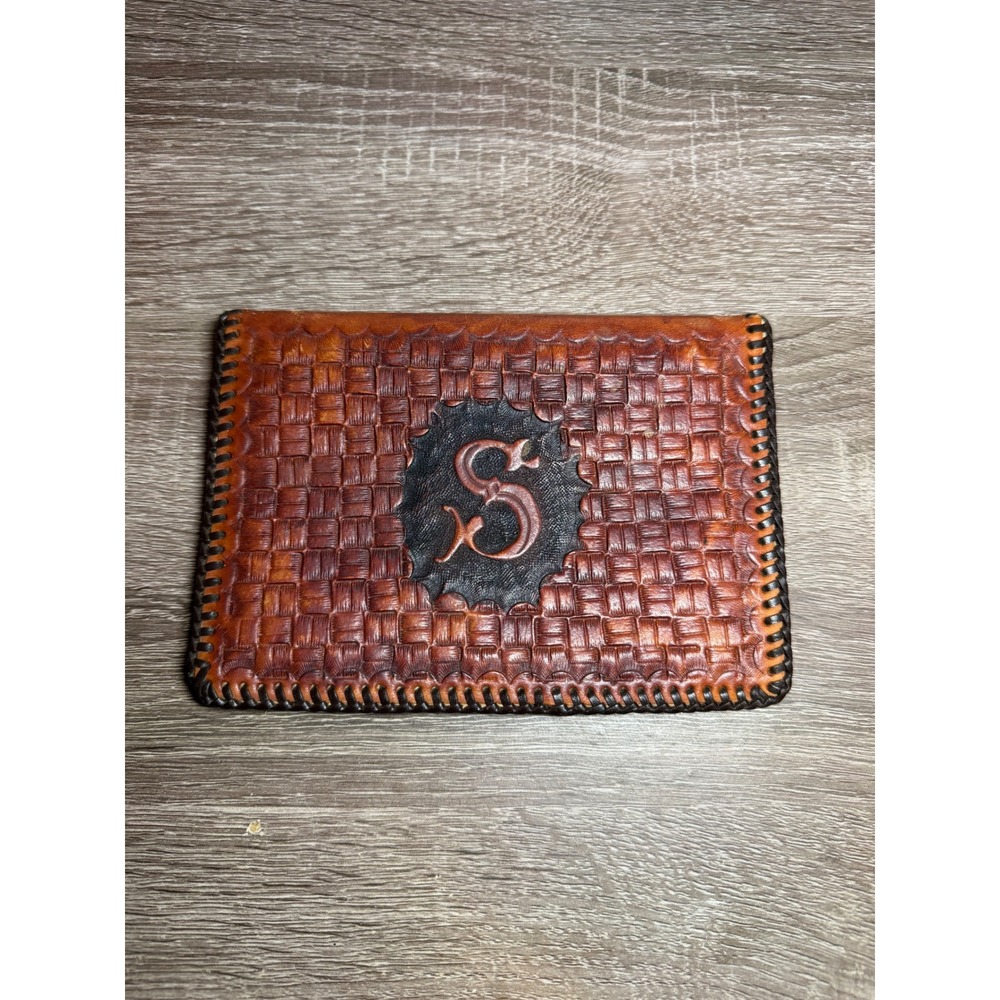 Leather Wallet or Planner Tooled Basketweave Monogram S Brown